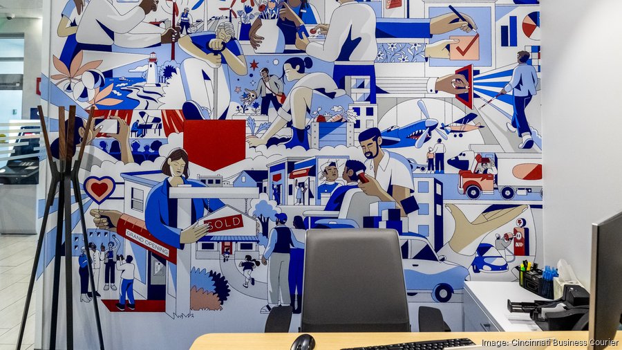 Colorful illustrated wall mural at US Bank branch depicting community scenes, landmarks, and people in blue, red, and white tones